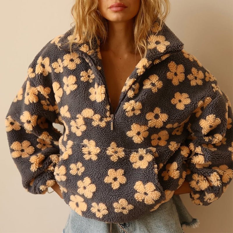 Emma | Cozy Floral Teddy Fleece Half-Zip Sweater