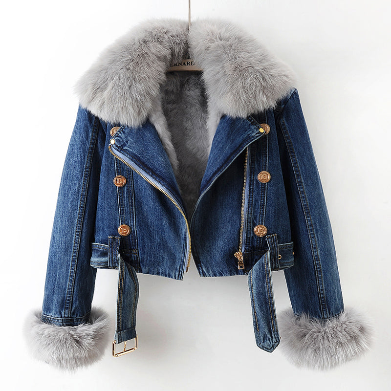 Women's Denim Coat with Removable Fox Fur Collar – Luxe Lined