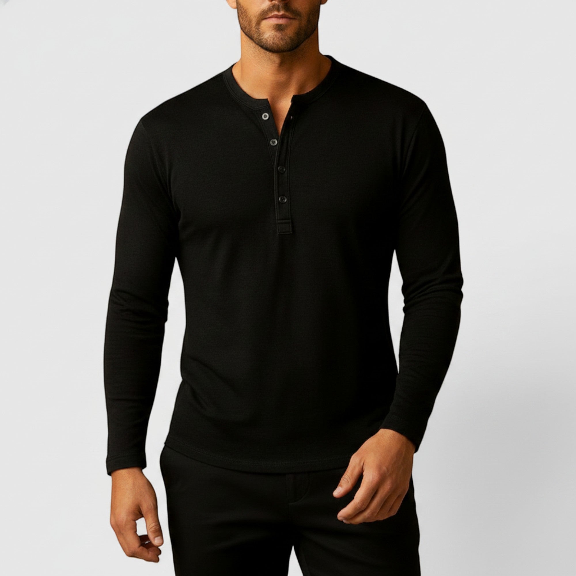 Ellmont London | Men's Long Sleeve Henley Shirt Button Up Lightweight Everyday Top