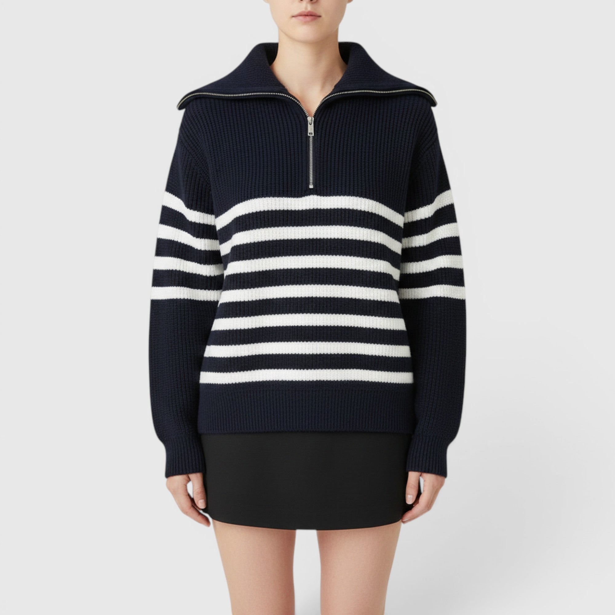 Ellmont London | Men's Warm Cotton Zip Up Sweater Classic Striped Knit