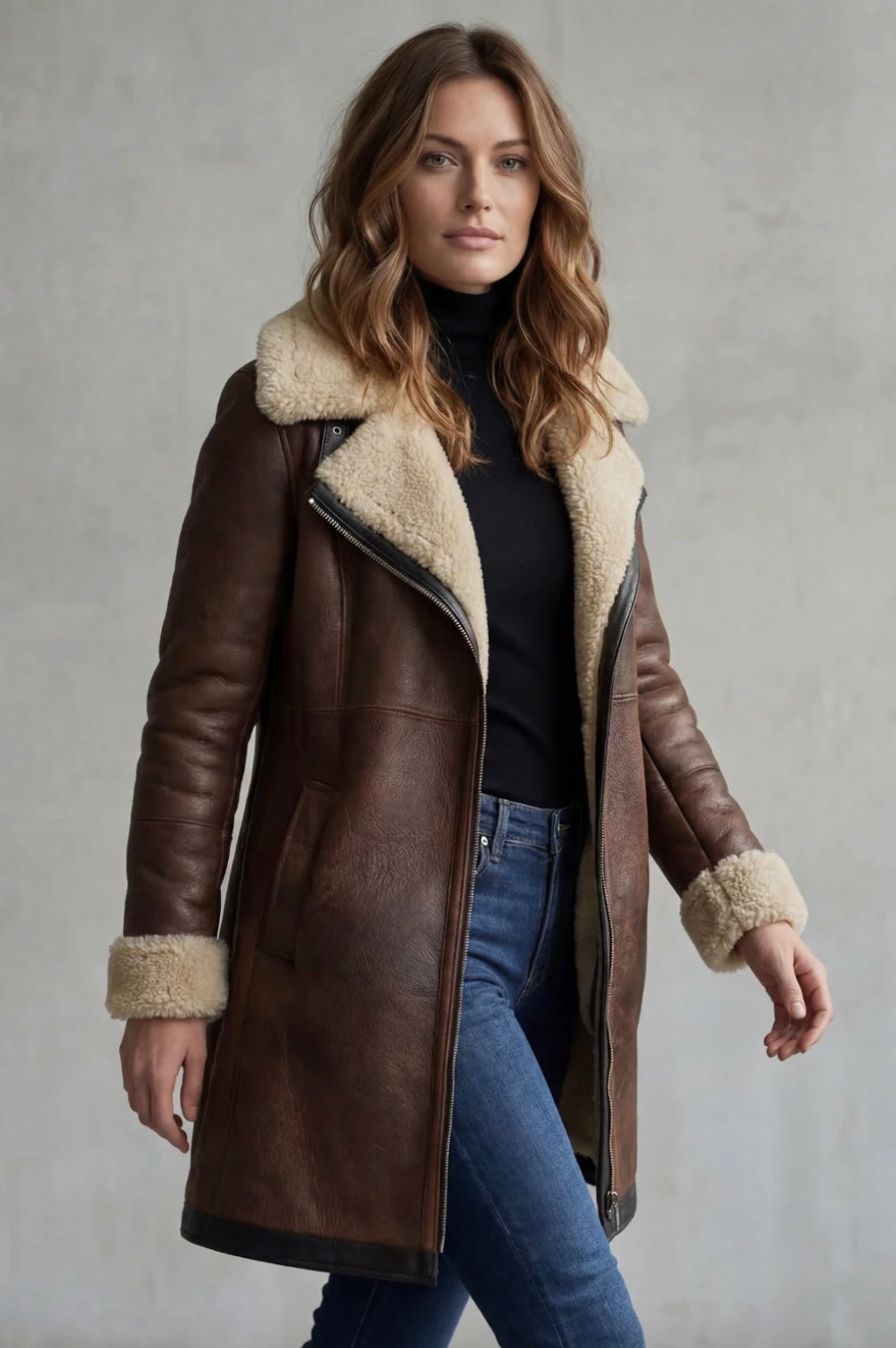 Women's Leather Coat with Shearling Lining