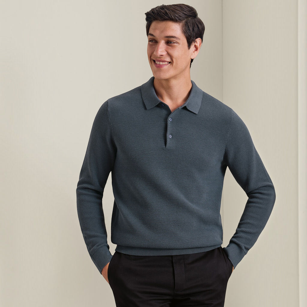 Ellmont London | Men's Long Sleeve Polo Shirt Cotton Knit Button Up