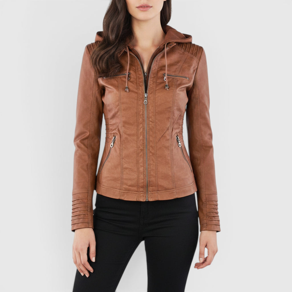 Ellmont London | Women's Warm Leather Jacket Tailored Zip Front Casual Coat