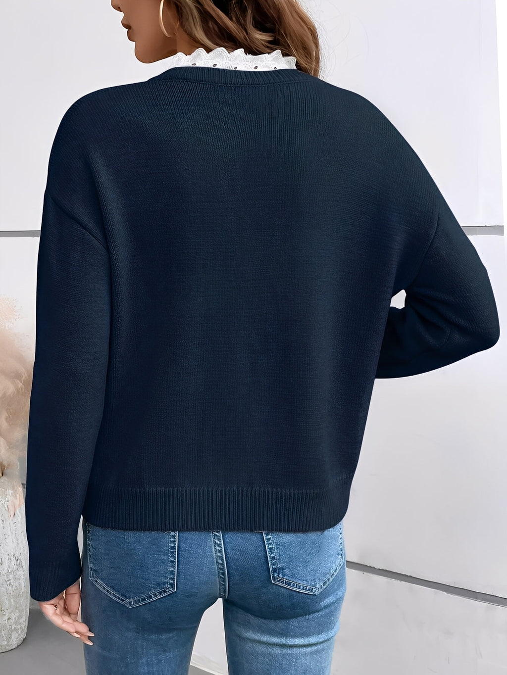 Kelsey | Knit Sweater with V-Neckline and Lace Trim Detail