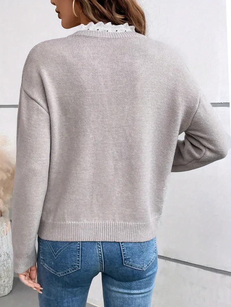Kelsey | Knit Sweater with V-Neckline and Lace Trim Detail
