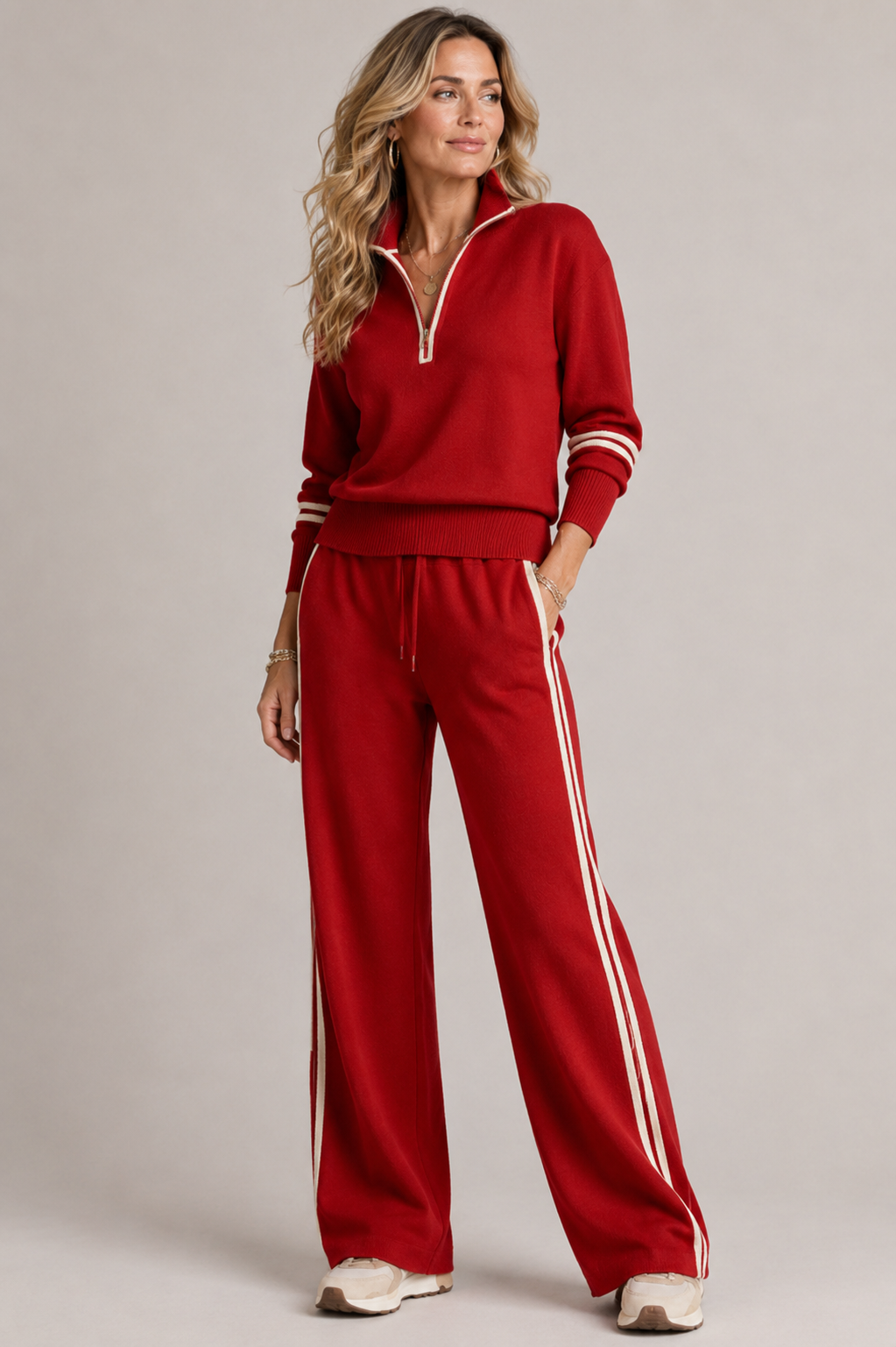 Women's Knitted Two-Piece Co-Ord Set – Quarter-Zip Jumper and Trousers