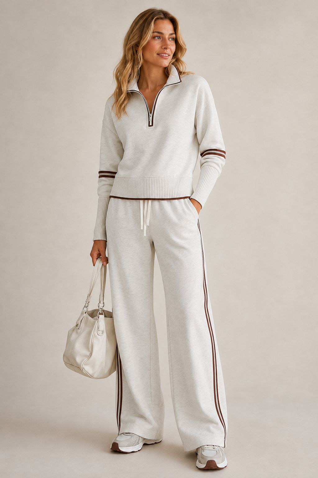 Women's Knitted Two-Piece Co-Ord Set – Quarter-Zip Jumper and Trousers