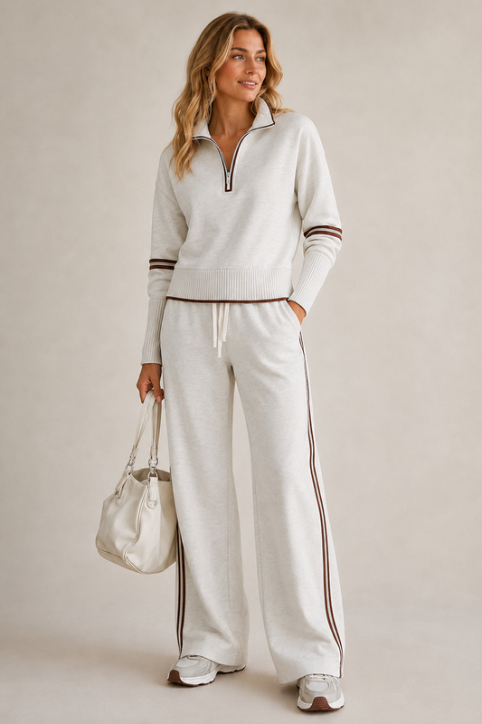 Women's Knitted Two-Piece Co-Ord Set – Quarter-Zip Jumper and Trousers
