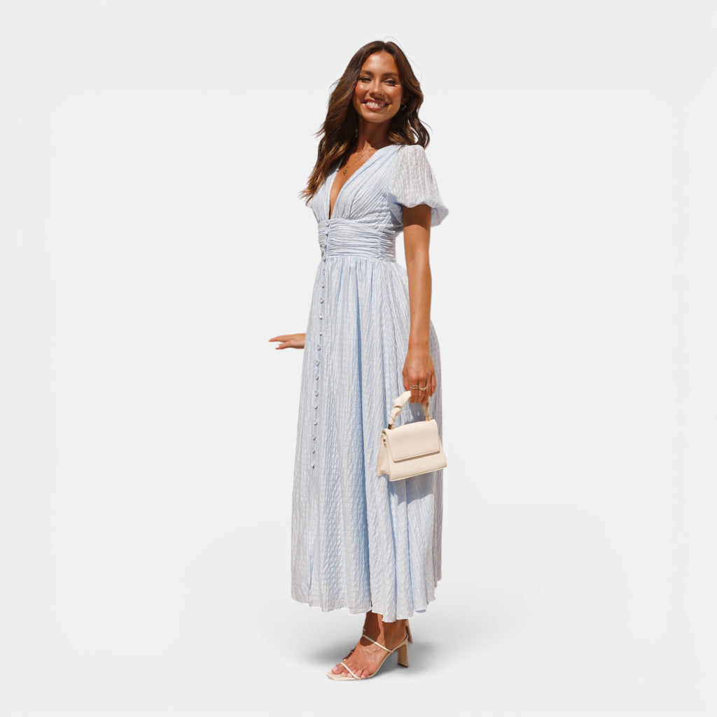 Ellmont London | Women's Puff Sleeve Button Front V Neck Wedding Guest Midi Summer Dress