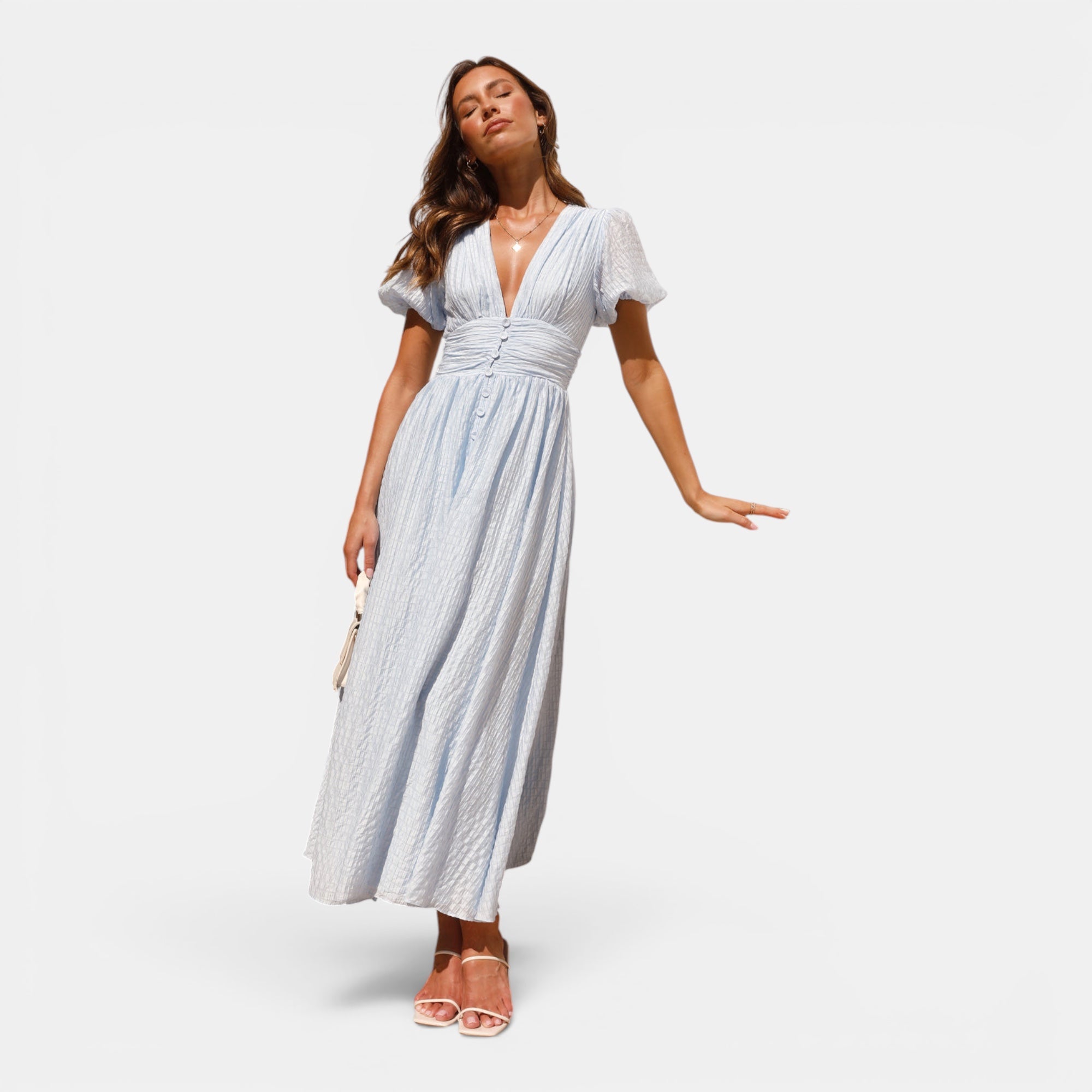 Ellmont London | Women's Puff Sleeve Button Front V Neck Wedding Guest Midi Summer Dress