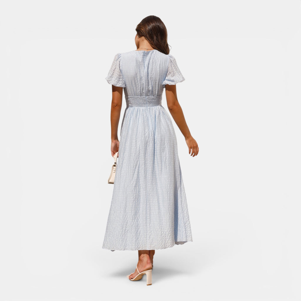 Ellmont London | Women's Puff Sleeve Button Front V Neck Wedding Guest Midi Summer Dress