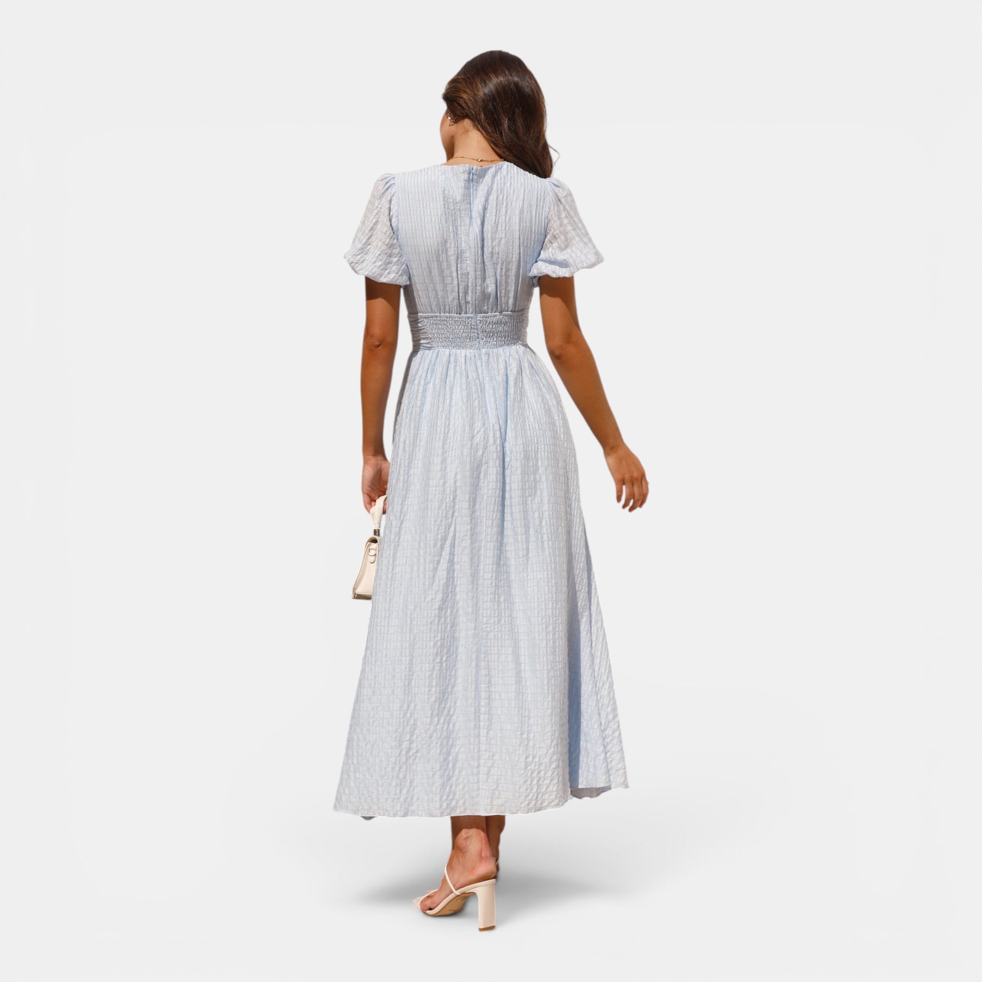 Ellmont London | Women's Puff Sleeve Button Front V Neck Wedding Guest Midi Summer Dress