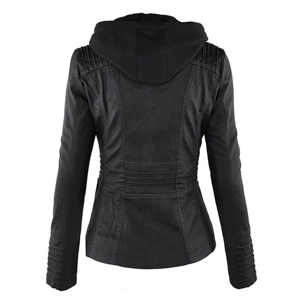 Willow | Leather Biker Jacket with Removable Hood and Zip Detail