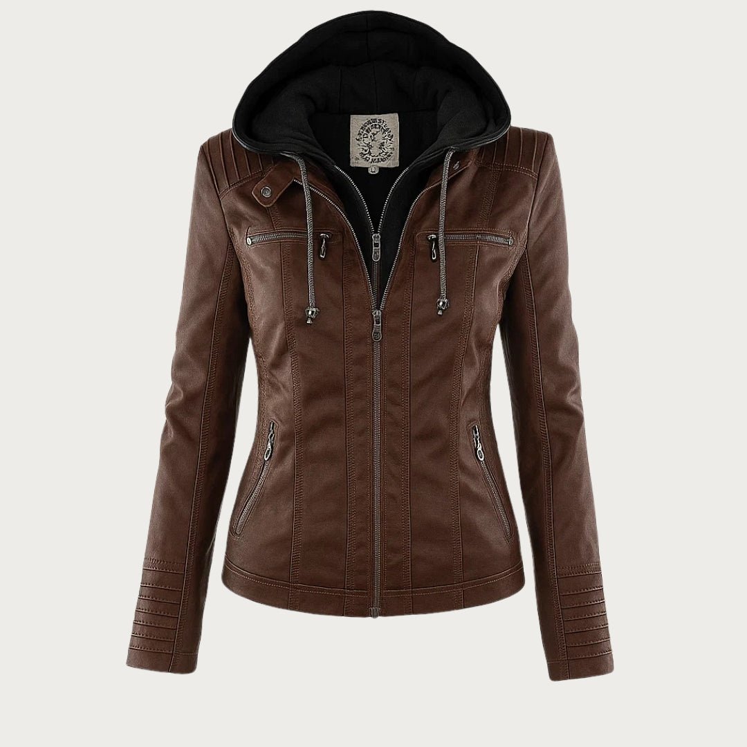Women's Leather Biker Jacket with Removable Hood