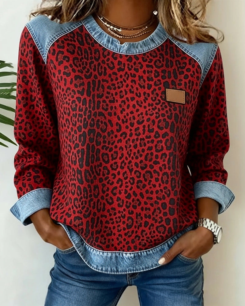 Tilda | Leopard Print Sweatshirt with Denim Contrast Panels