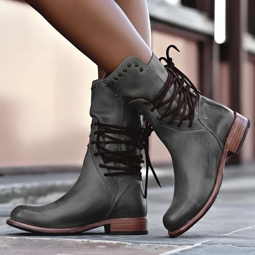Ellmont London | Women's Comfortable Leather Orthopedic Ankle Boots with Lace-Up