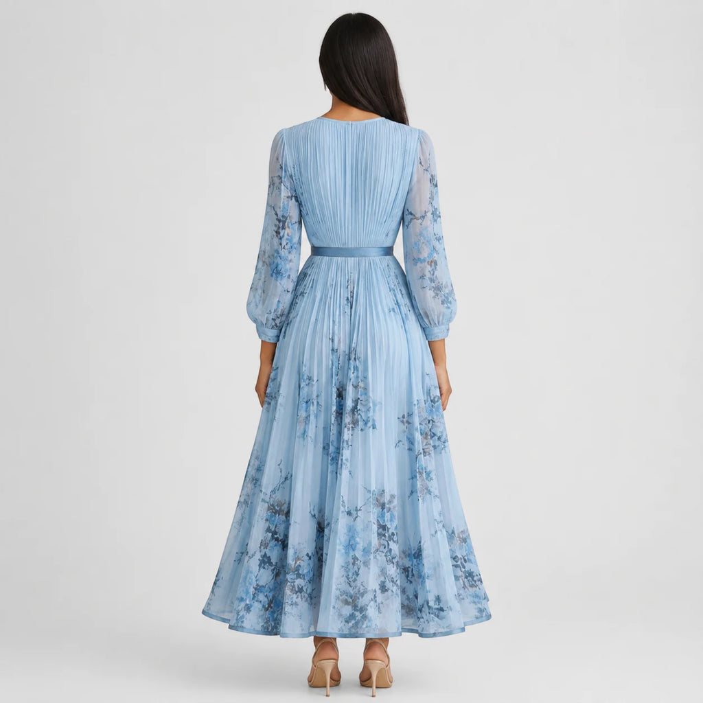 Ellmont London | Women's Summer V-Neck A-Line Floral Pleated Midi Dress