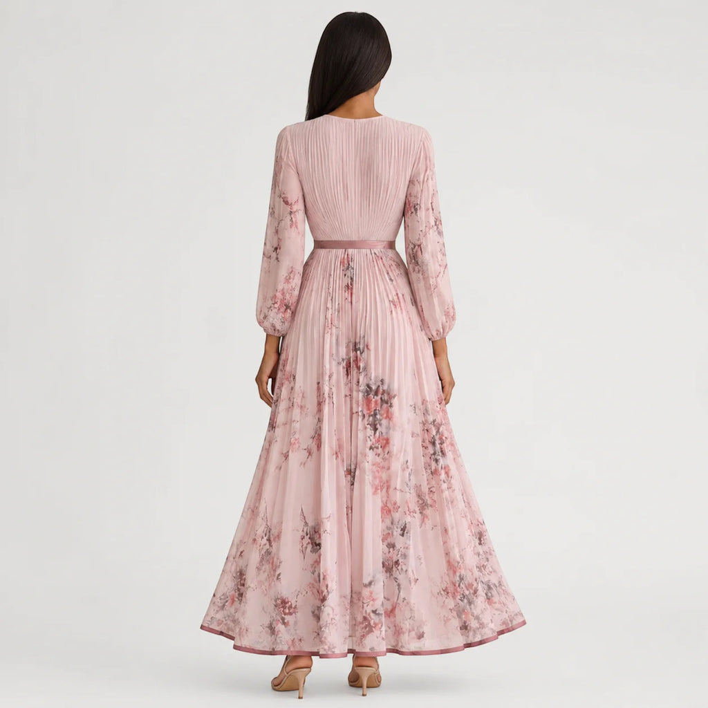 Ellmont London | Women's Summer V-Neck A-Line Floral Pleated Midi Dress