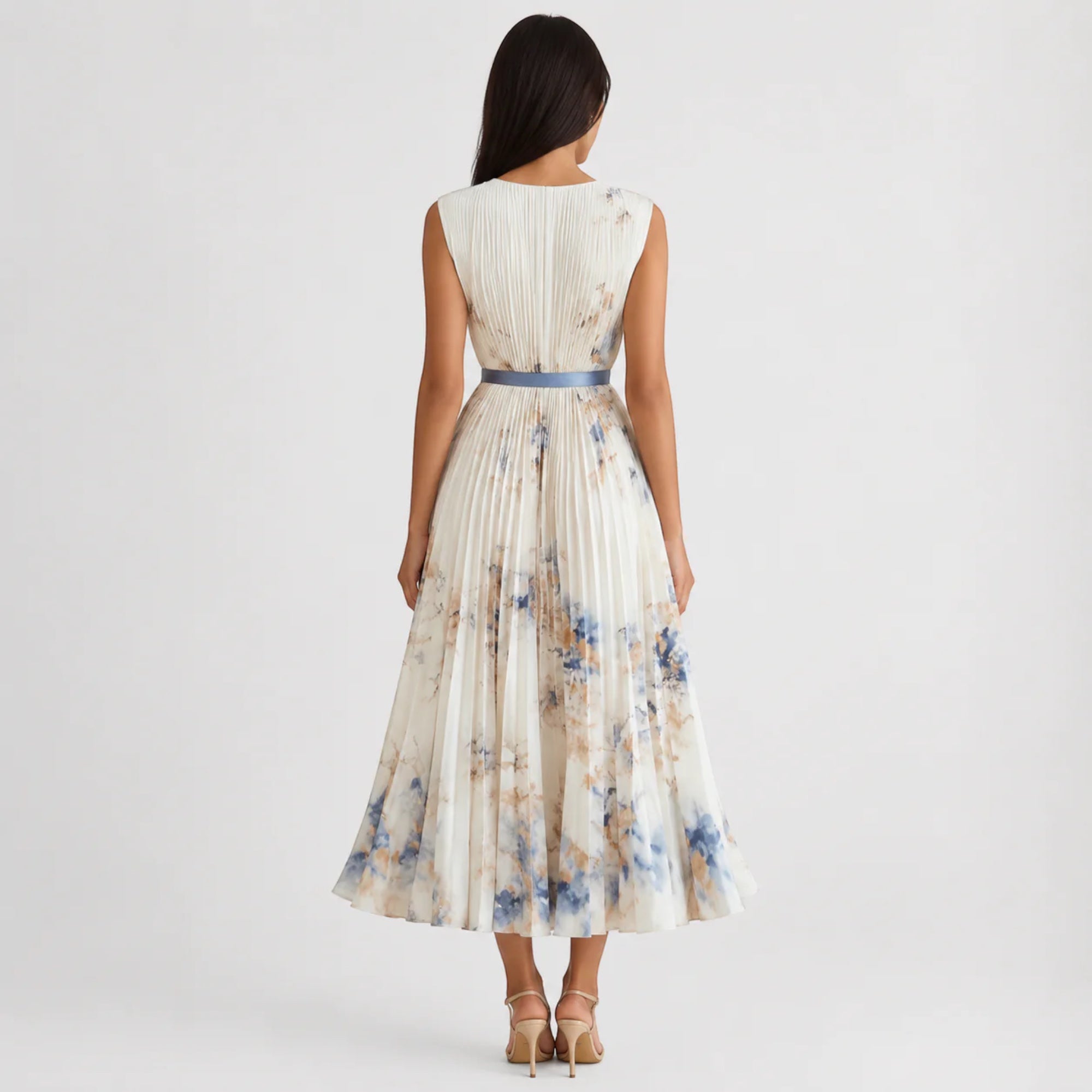 Ellmont London | Women's Summer V-Neck A-Line Floral Pleated Midi Dress