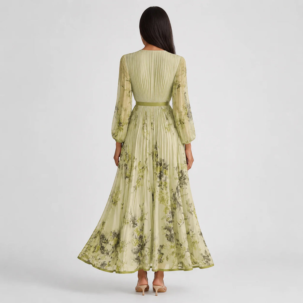 Ellmont London | Women's Summer V-Neck A-Line Floral Pleated Midi Dress