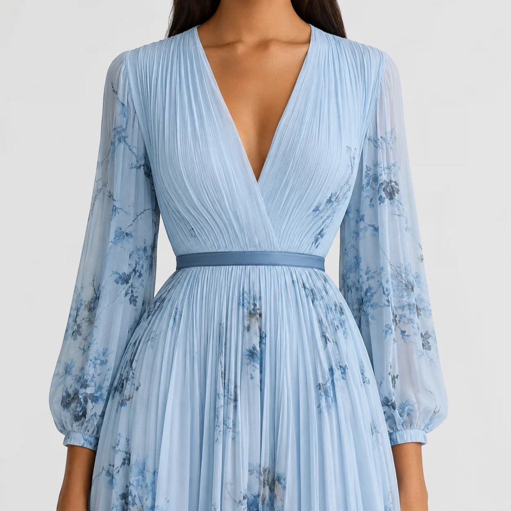 Ellmont London | Women's Summer V-Neck A-Line Floral Pleated Midi Dress