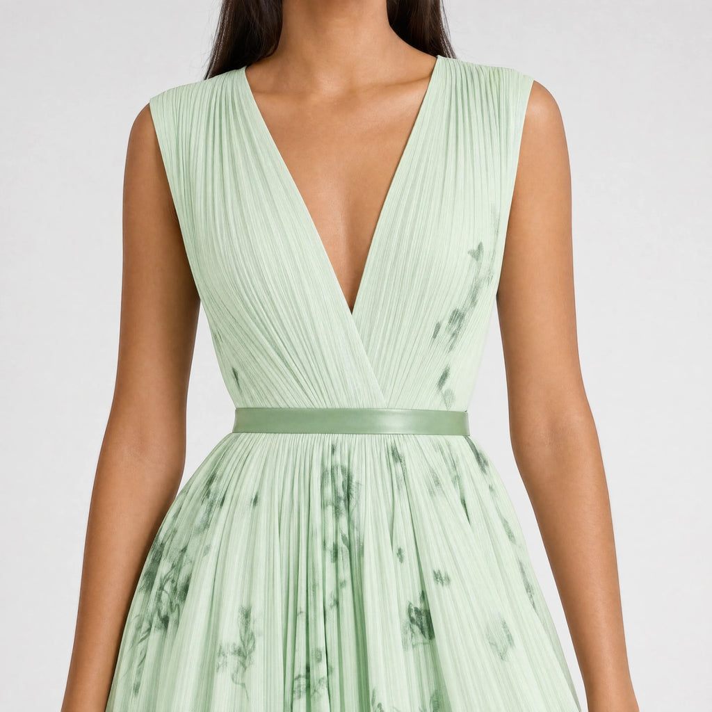 Ellmont London | Women's Summer V-Neck A-Line Floral Pleated Midi Dress