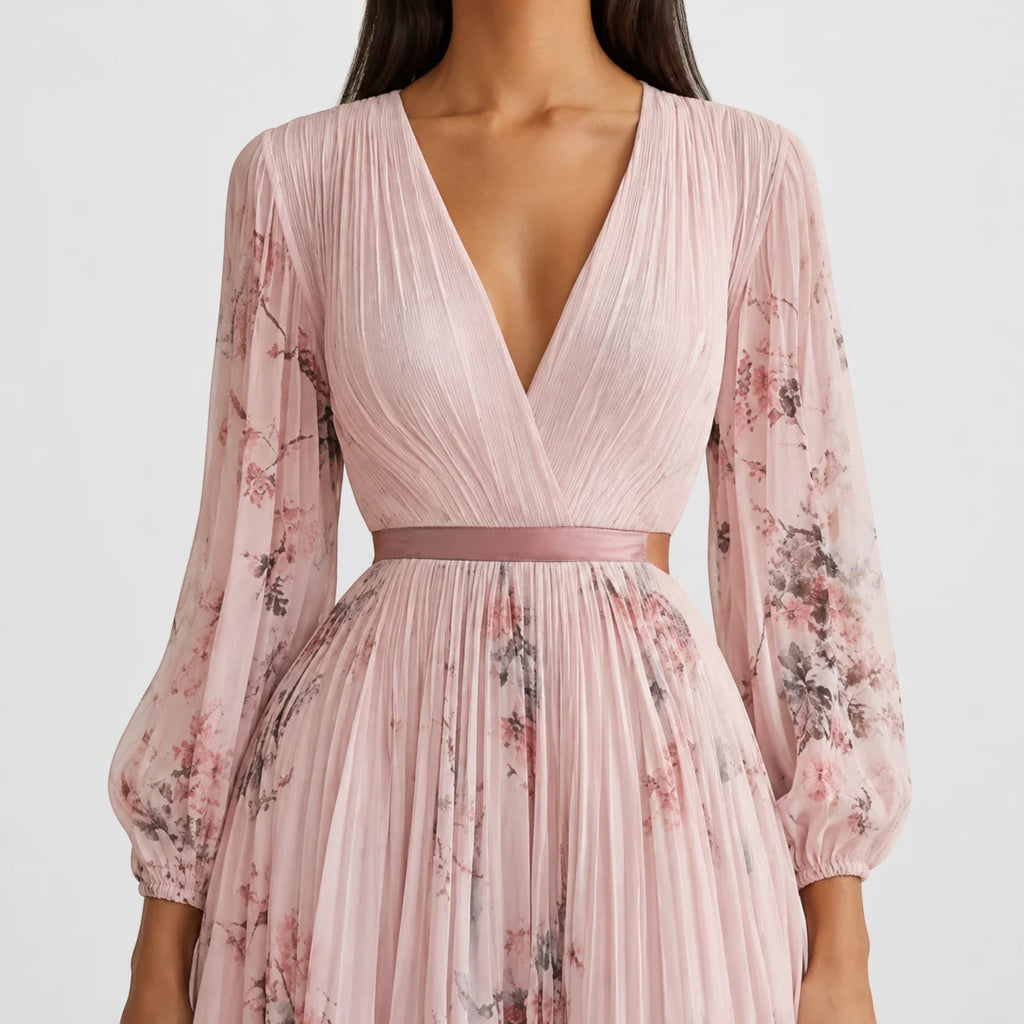 Ellmont London | Women's Summer V-Neck A-Line Floral Pleated Midi Dress