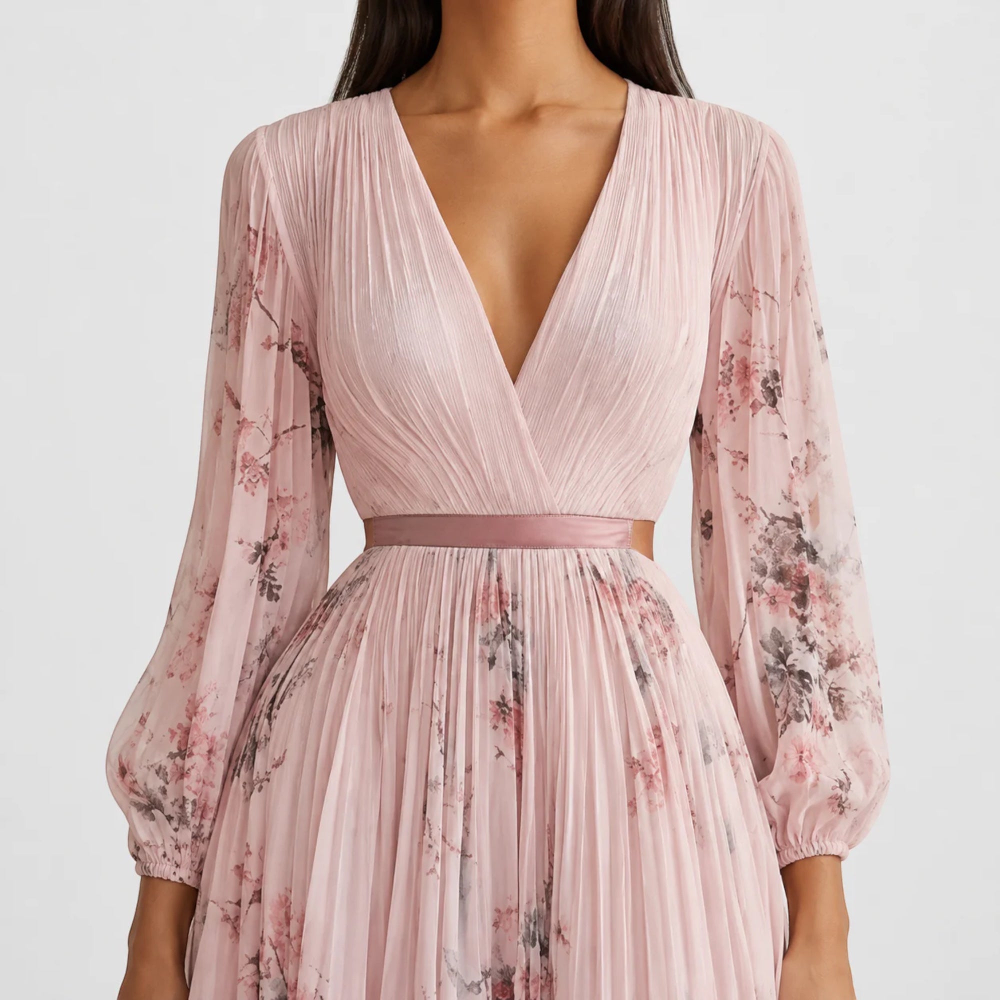 Ellmont London | Women's Summer V-Neck A-Line Floral Pleated Midi Dress