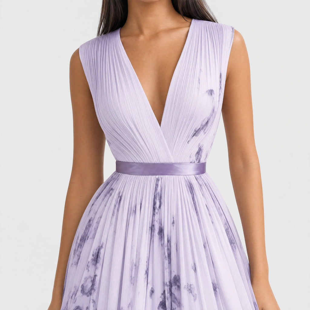 Ellmont London | Women's Summer V-Neck A-Line Floral Pleated Midi Dress