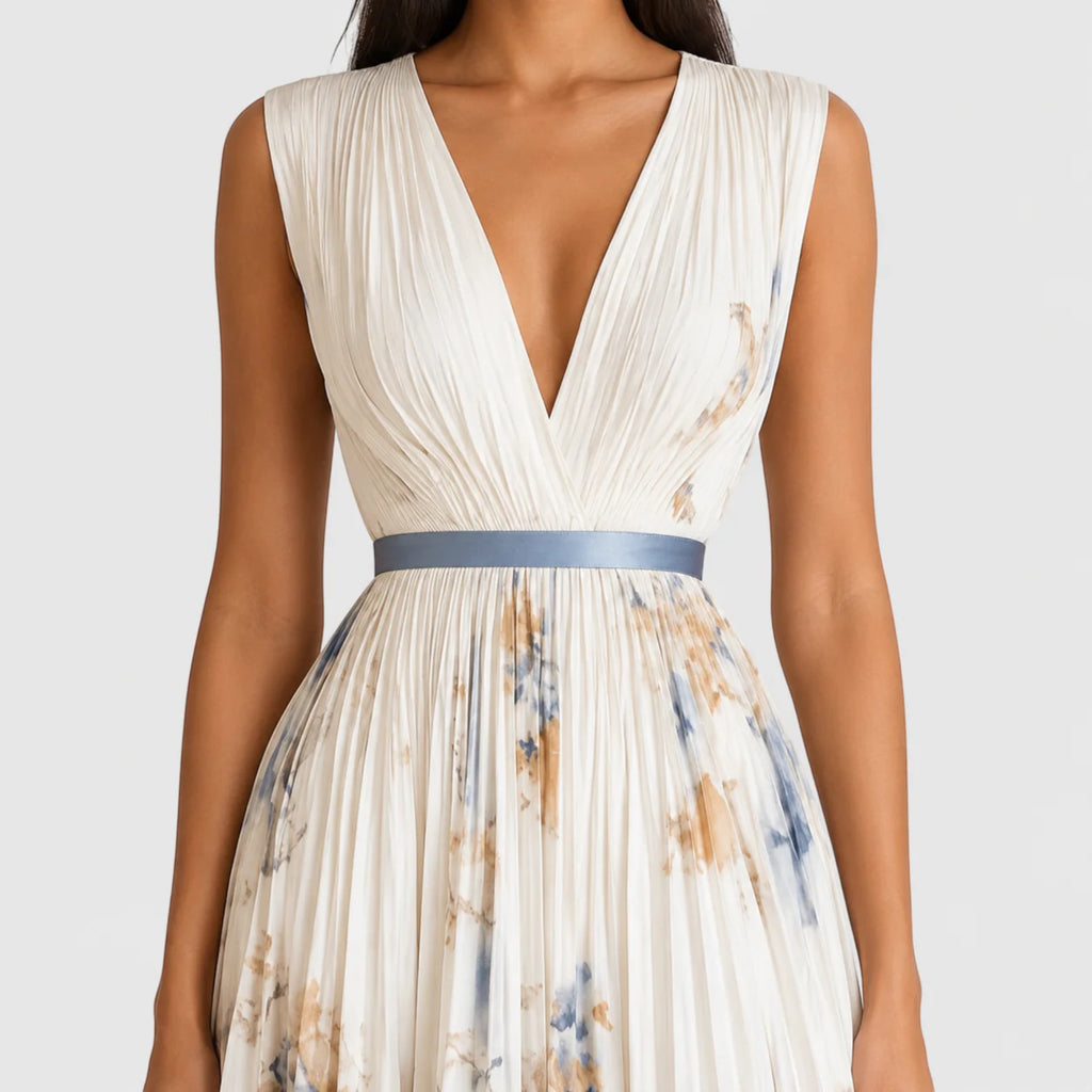 Ellmont London | Women's Summer V-Neck A-Line Floral Pleated Midi Dress