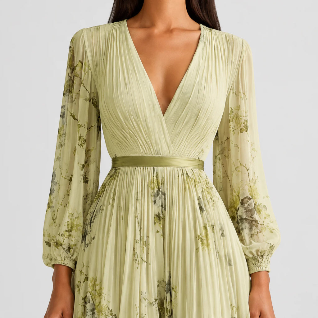 Ellmont London | Women's Summer V-Neck A-Line Floral Pleated Midi Dress