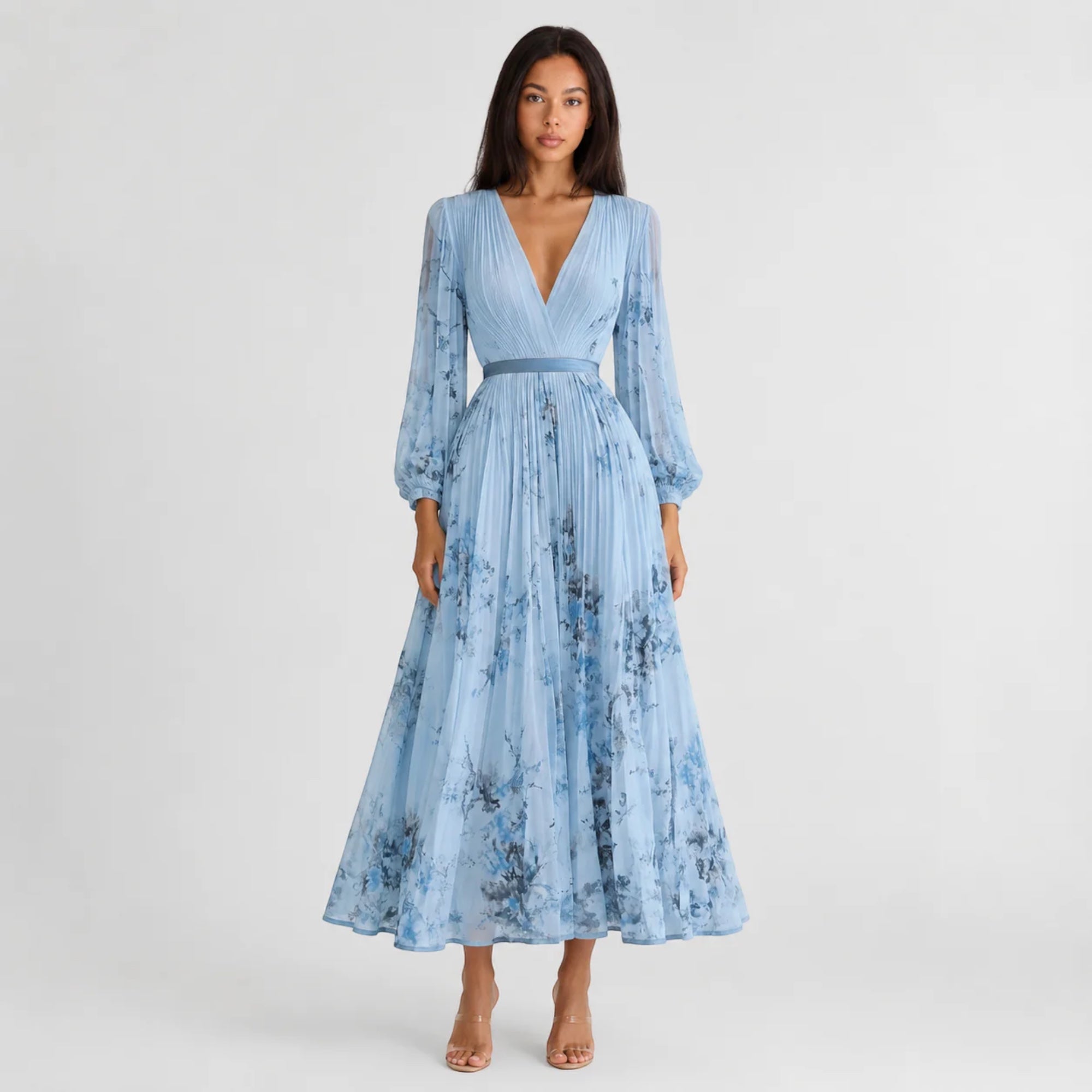 Ellmont London | Women's Summer V-Neck A-Line Floral Pleated Midi Dress