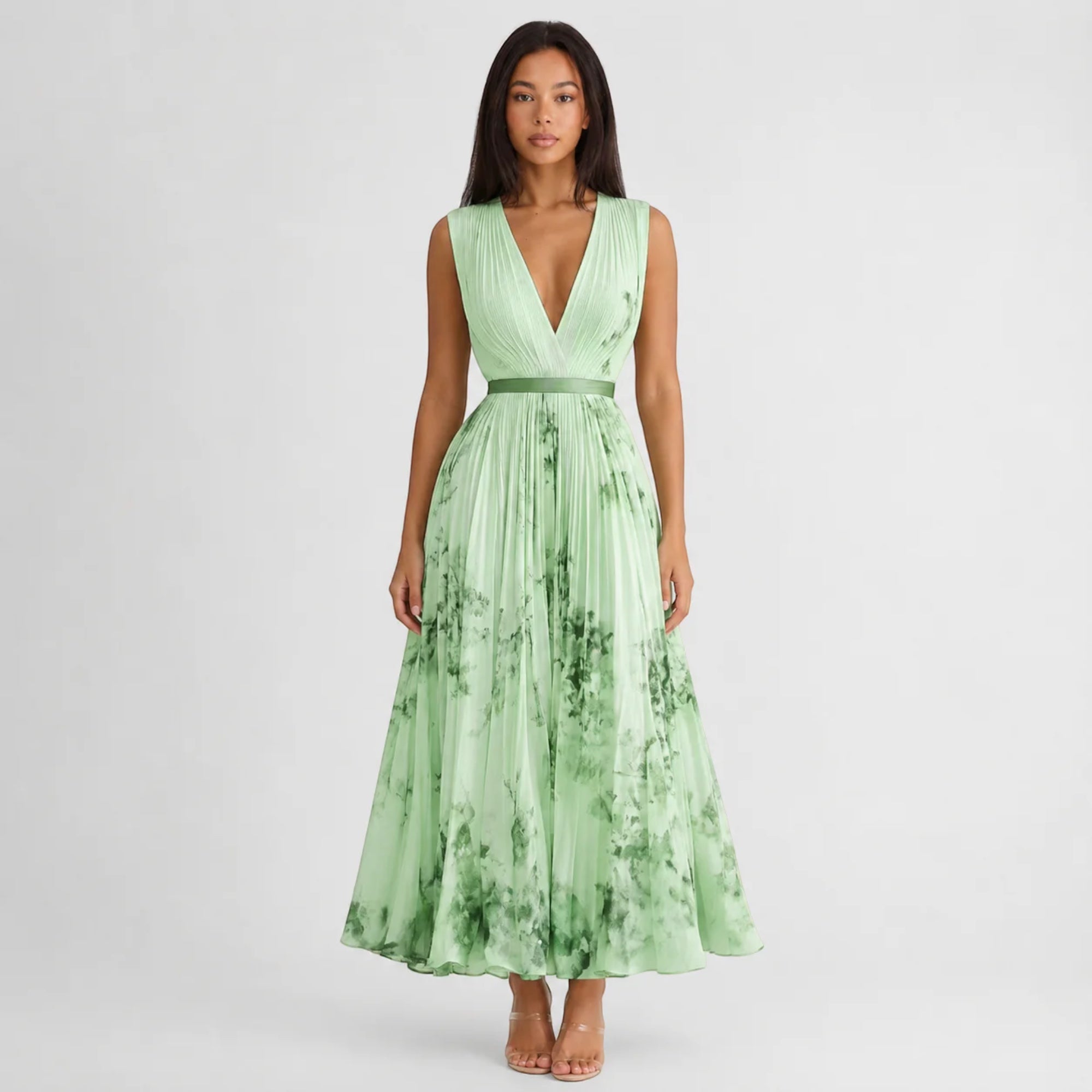 Ellmont London | Women's Summer V-Neck A-Line Floral Pleated Midi Dress
