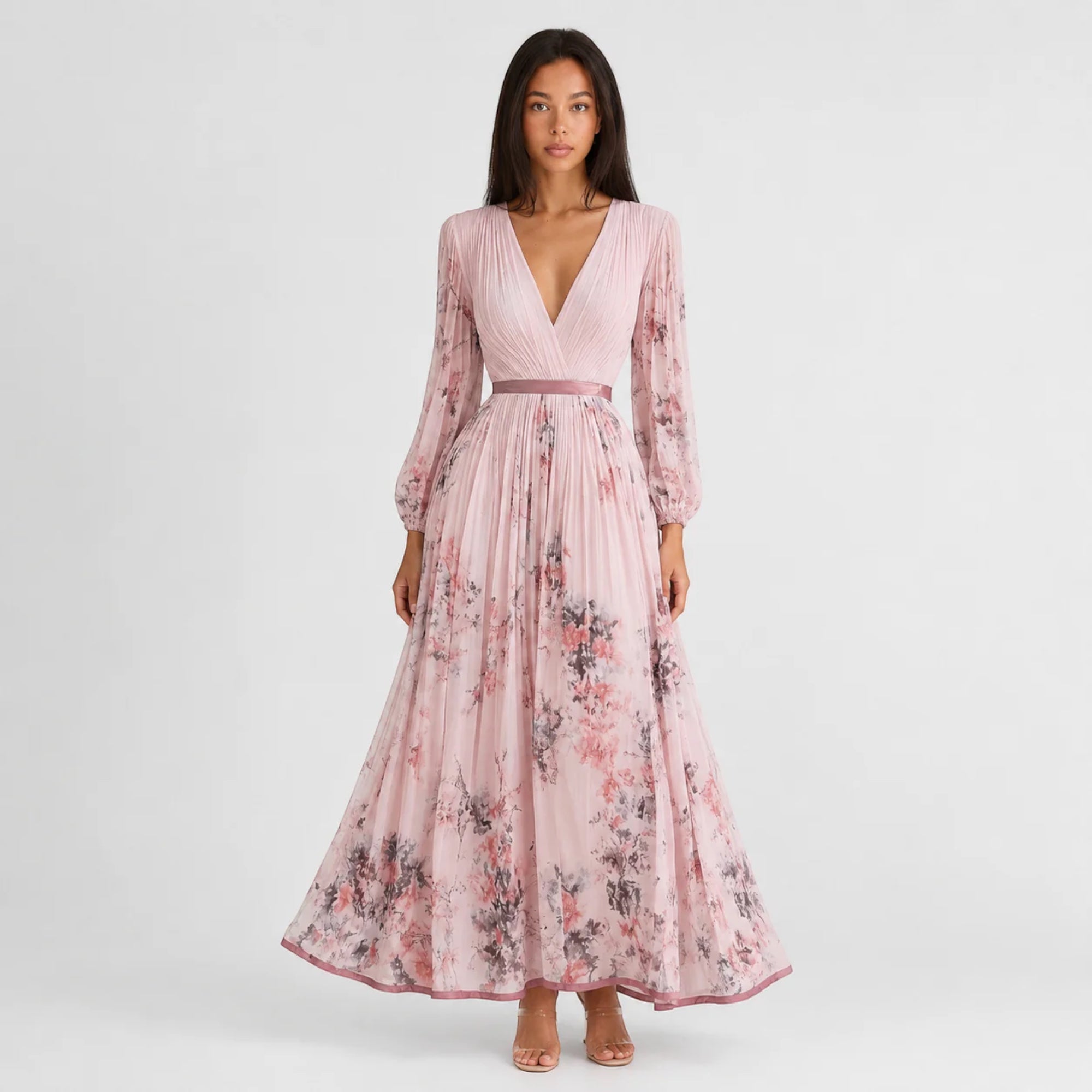 Ellmont London | Women's Summer V-Neck A-Line Floral Pleated Midi Dress