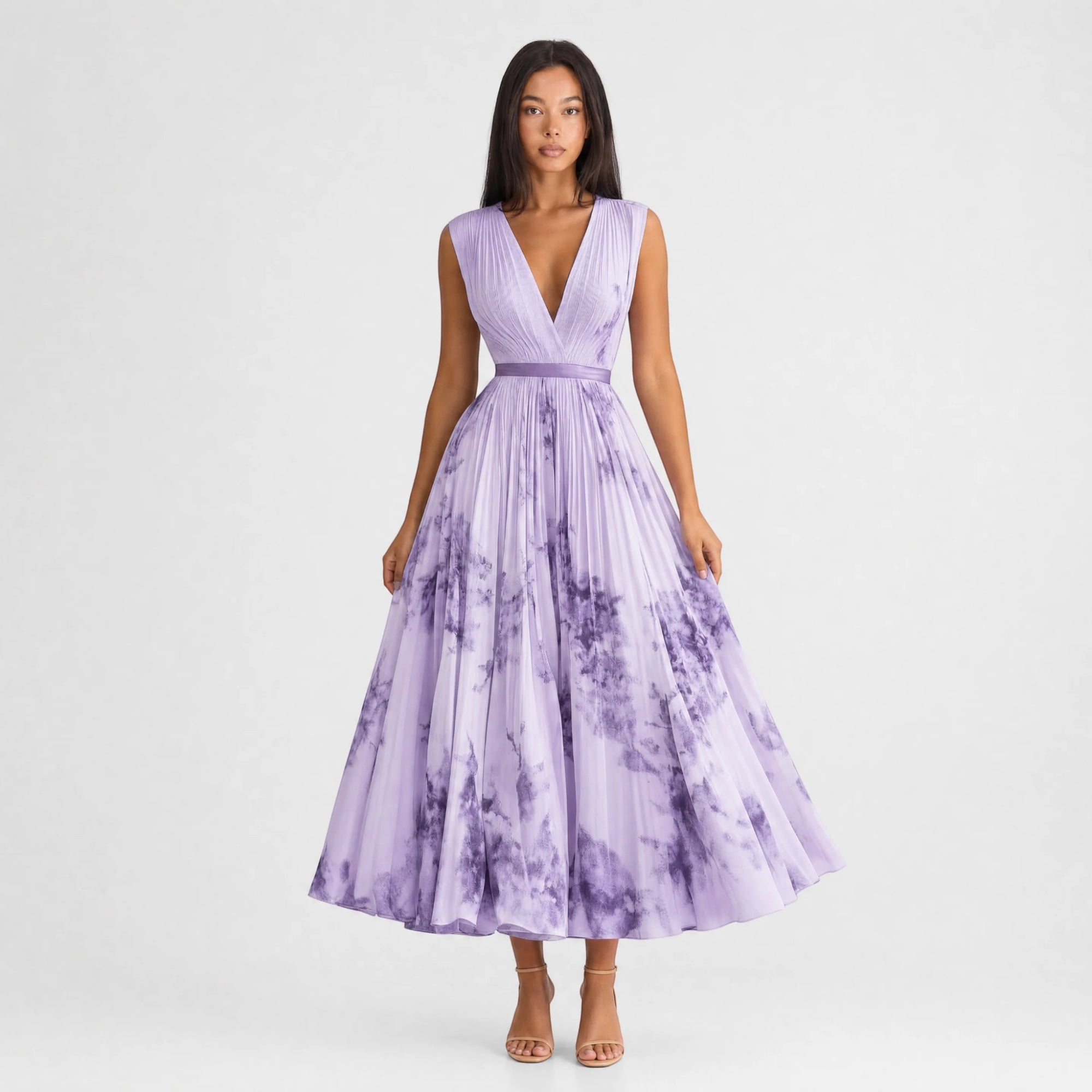 Ellmont London | Women's Summer V-Neck A-Line Floral Pleated Midi Dress