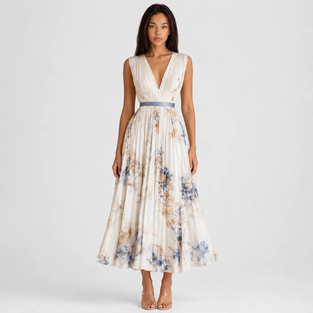 Ellmont London | Women's Summer V-Neck A-Line Floral Pleated Midi Dress
