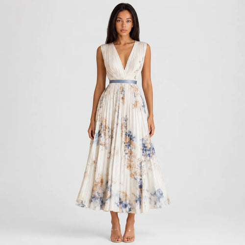 Bella | Women's Summer V-Neck A-Line Floral Pleated Midi Dress