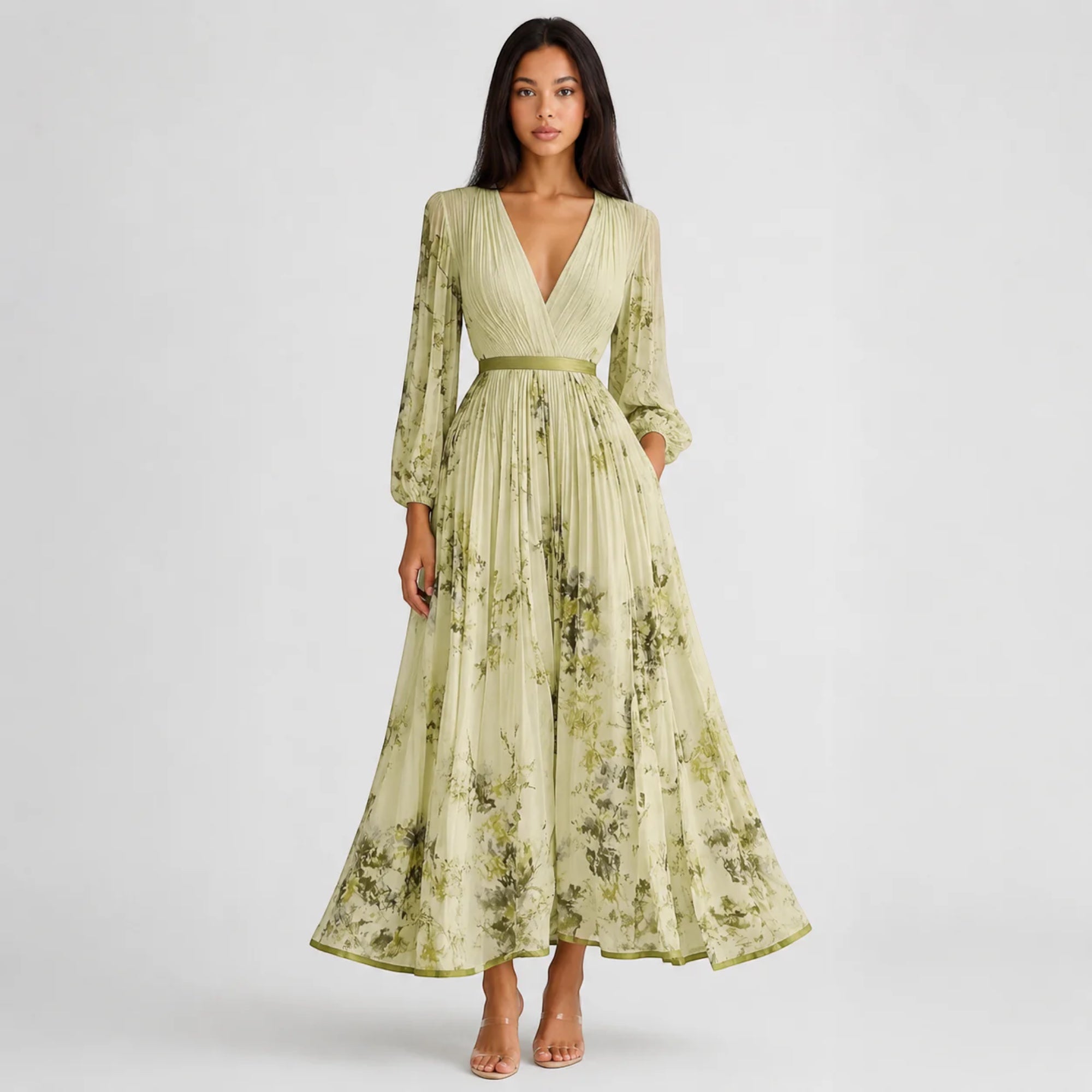 Ellmont London | Women's Summer V-Neck A-Line Floral Pleated Midi Dress