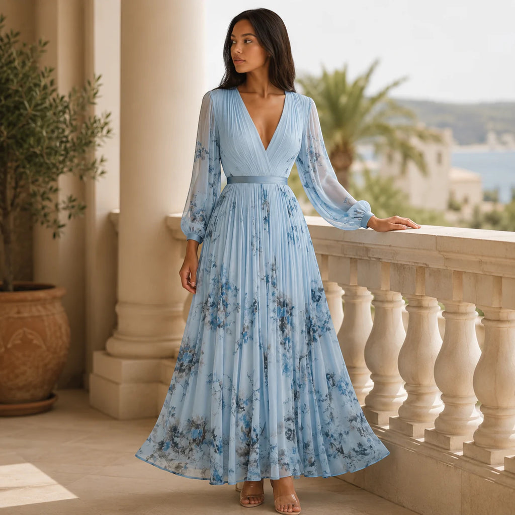 Ellmont London | Women's Summer V-Neck A-Line Floral Pleated Midi Dress