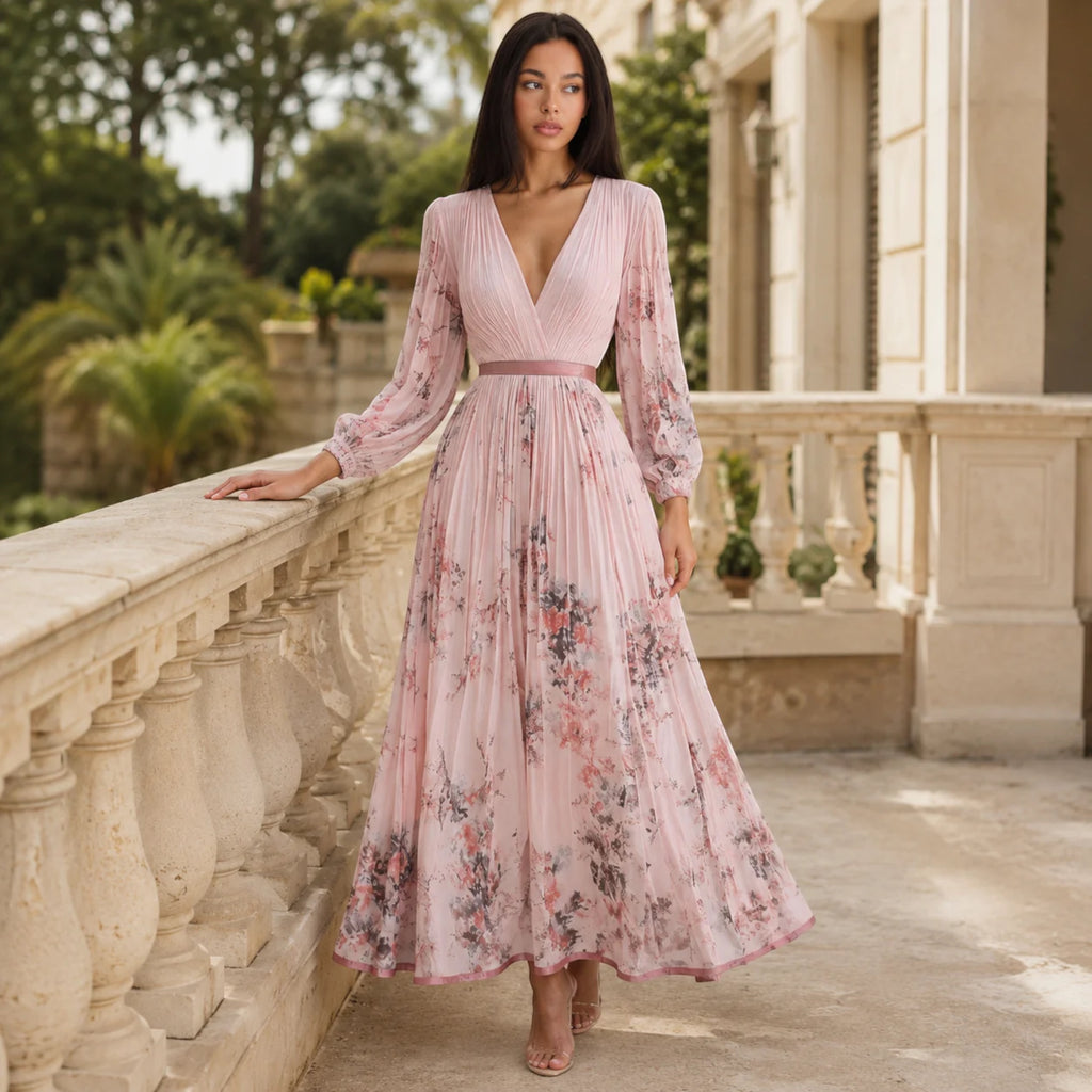 Ellmont London | Women's Summer V-Neck A-Line Floral Pleated Midi Dress