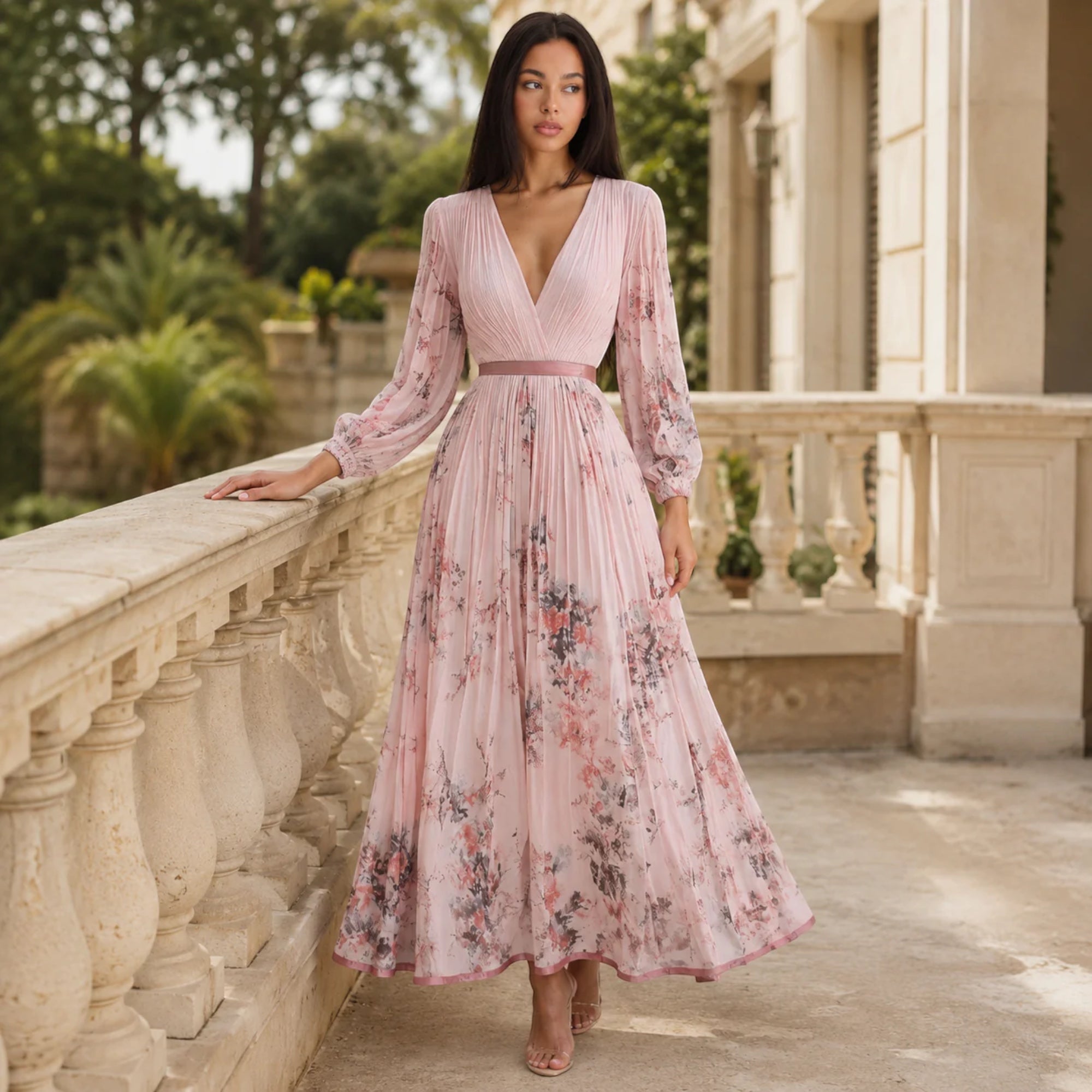 Ellmont London | Women's Summer V-Neck A-Line Floral Pleated Midi Dress