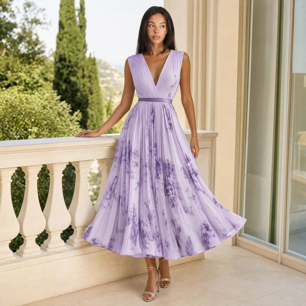 Ellmont London | Women's Summer V-Neck A-Line Floral Pleated Midi Dress