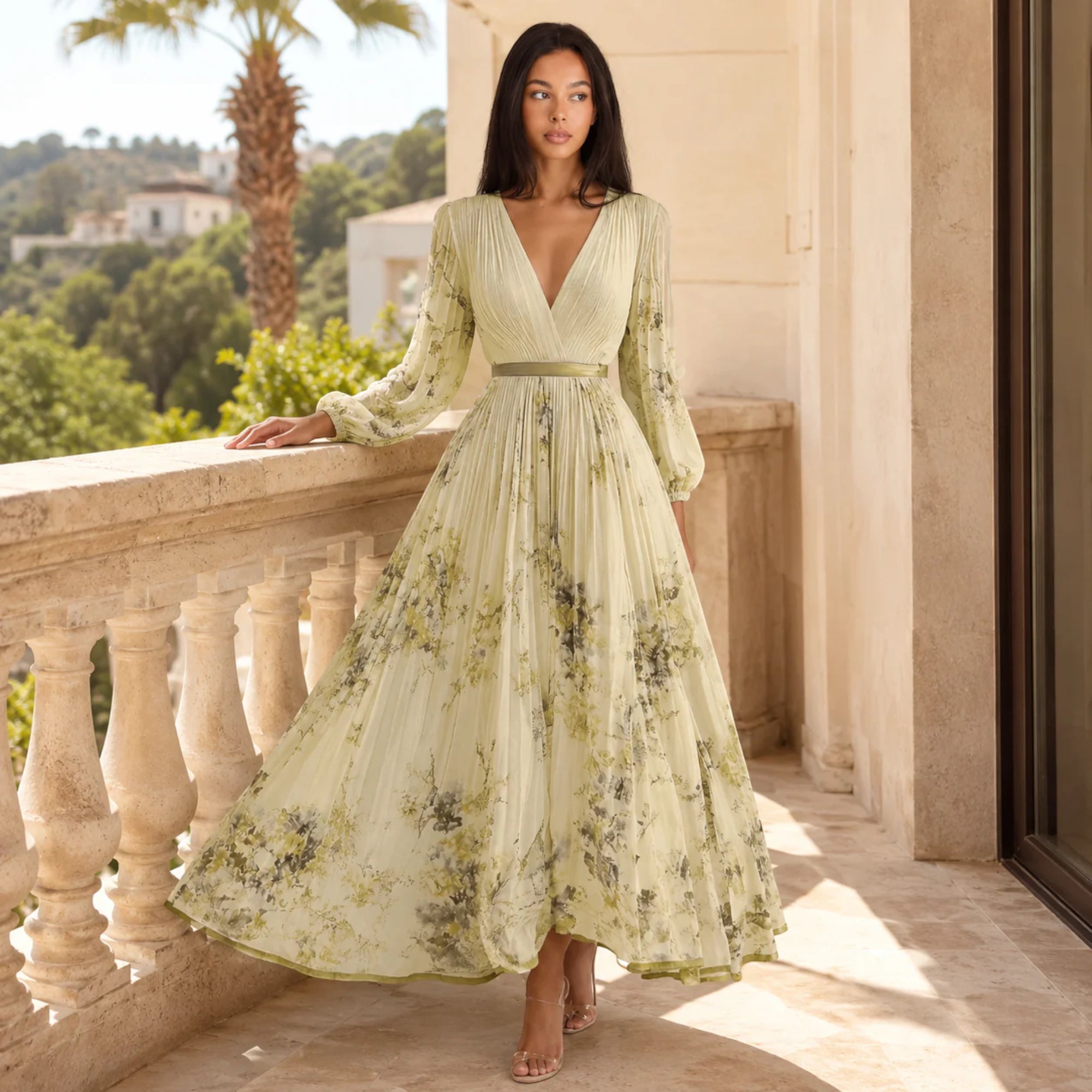 Ellmont London | Women's Summer V-Neck A-Line Floral Pleated Midi Dress