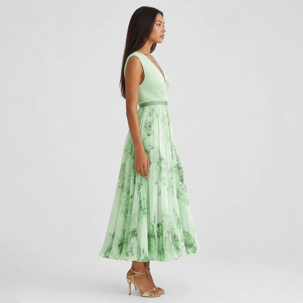 Ellmont London | Women's Summer V-Neck A-Line Floral Pleated Midi Dress