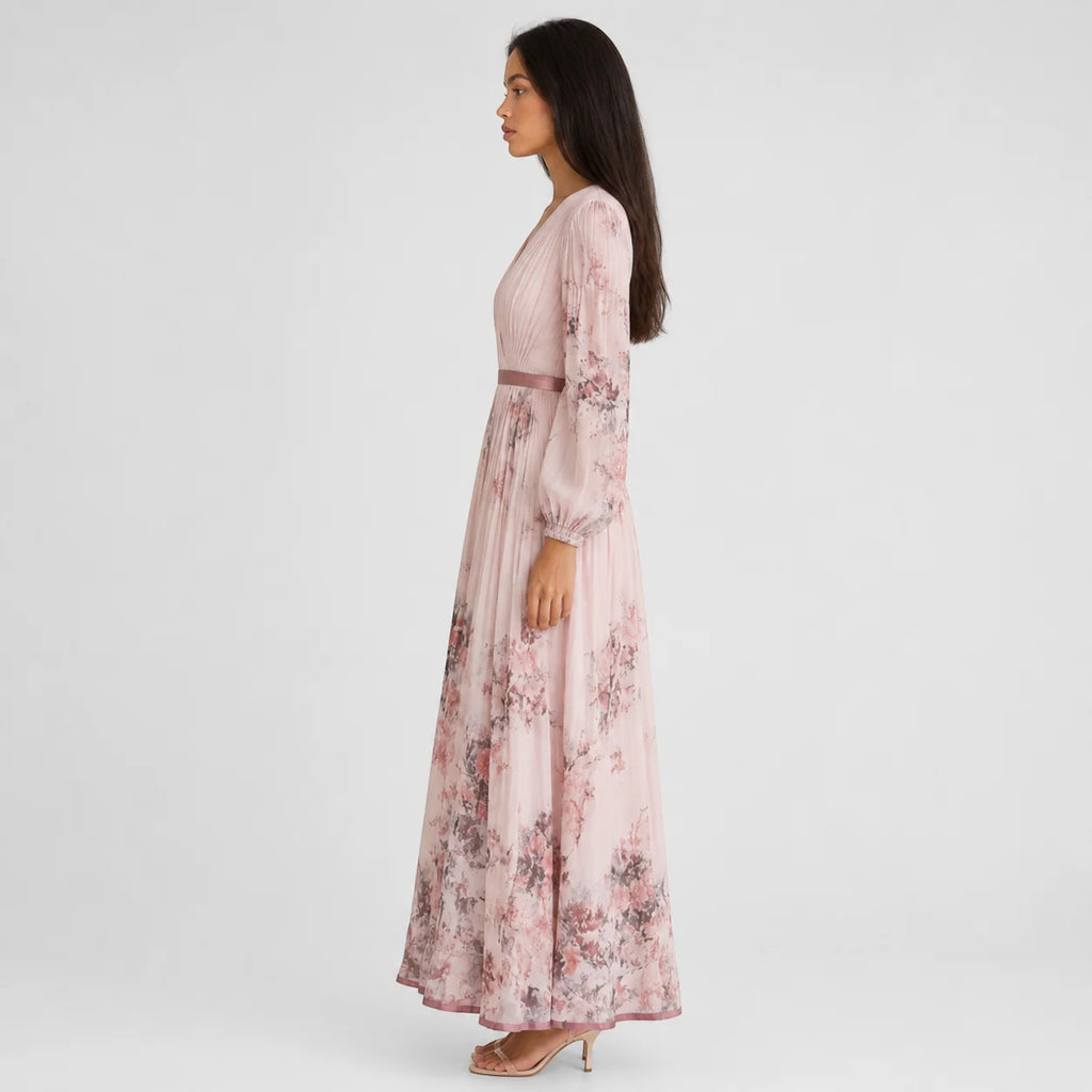 Ellmont London | Women's Summer V-Neck A-Line Floral Pleated Midi Dress
