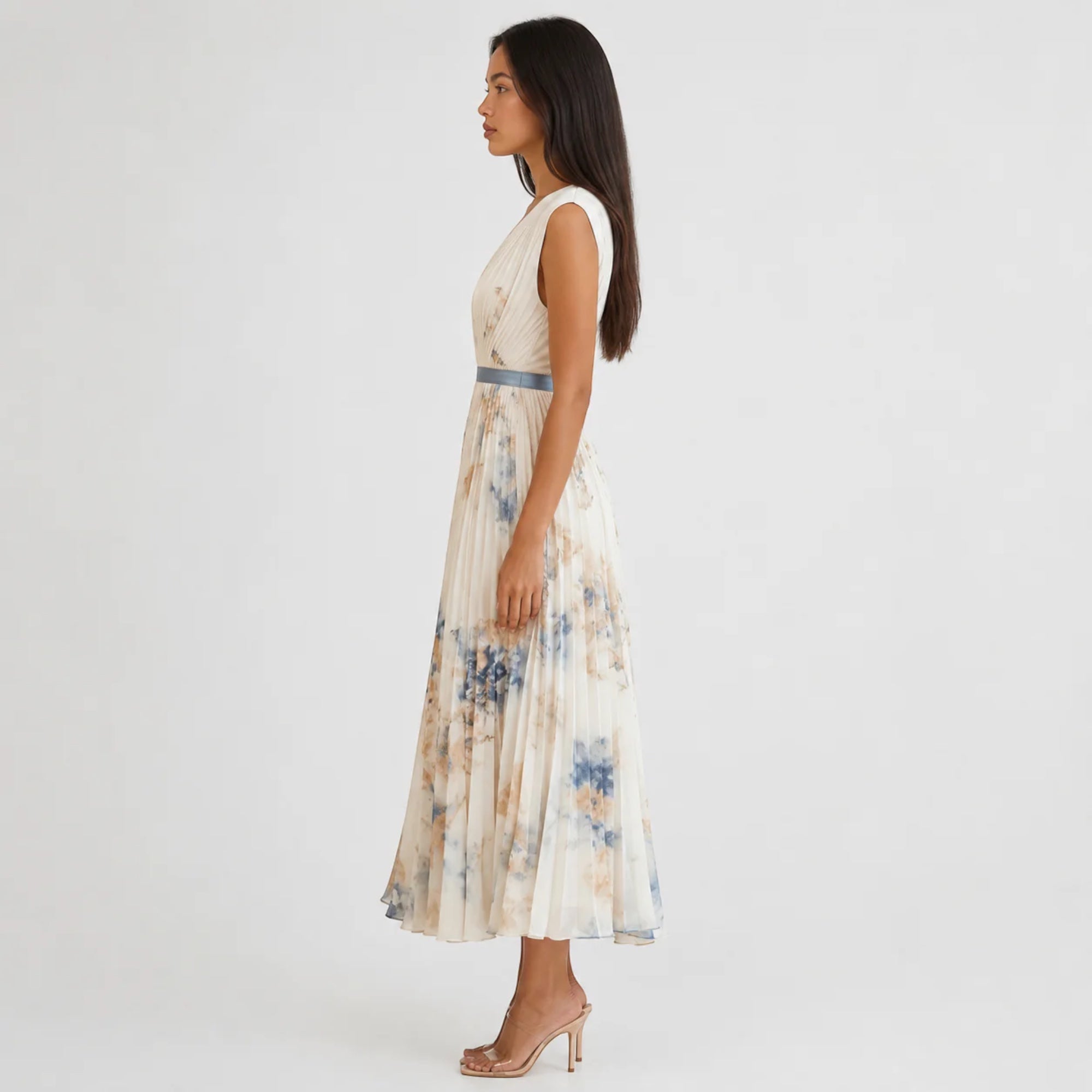 Ellmont London | Women's Summer V-Neck A-Line Floral Pleated Midi Dress