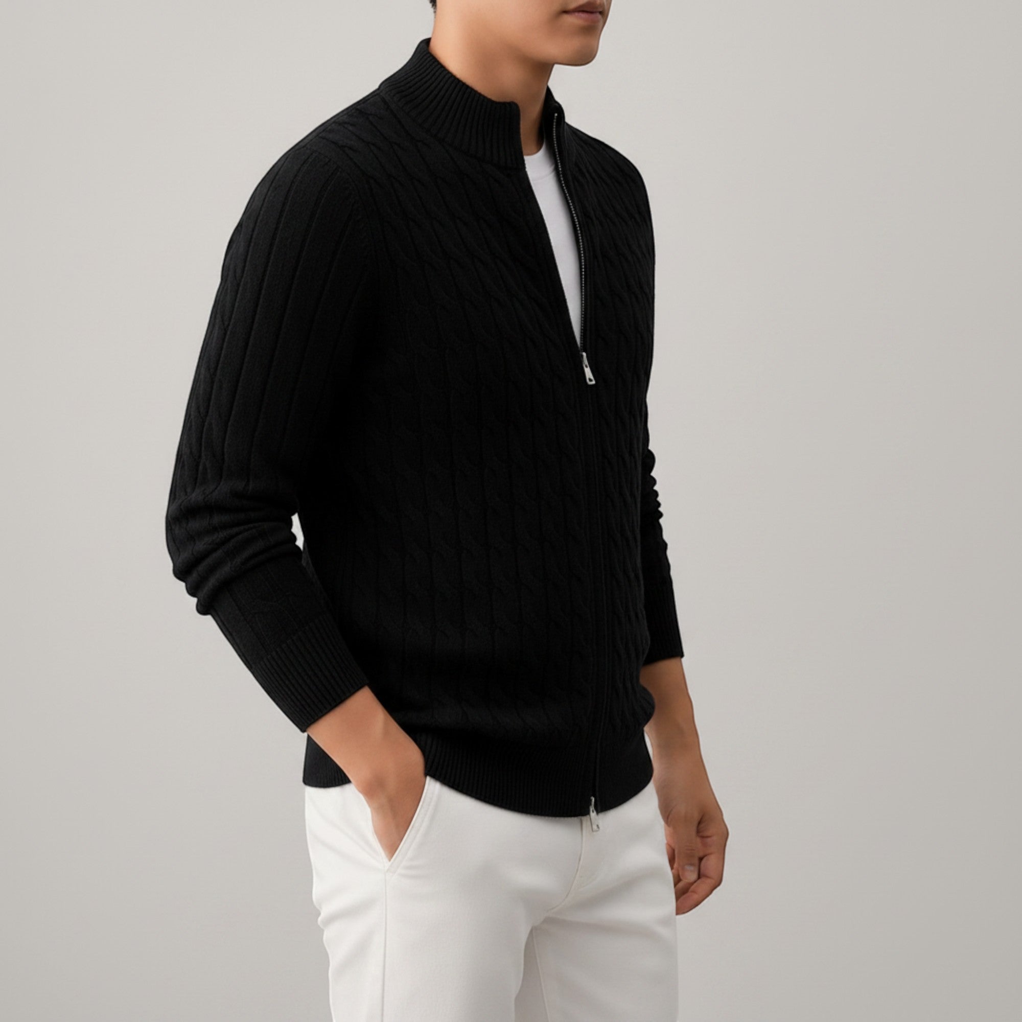 Ellmont London | Men's Stand Collar Zip Up Knit Sweater Regular Fit Cardigan