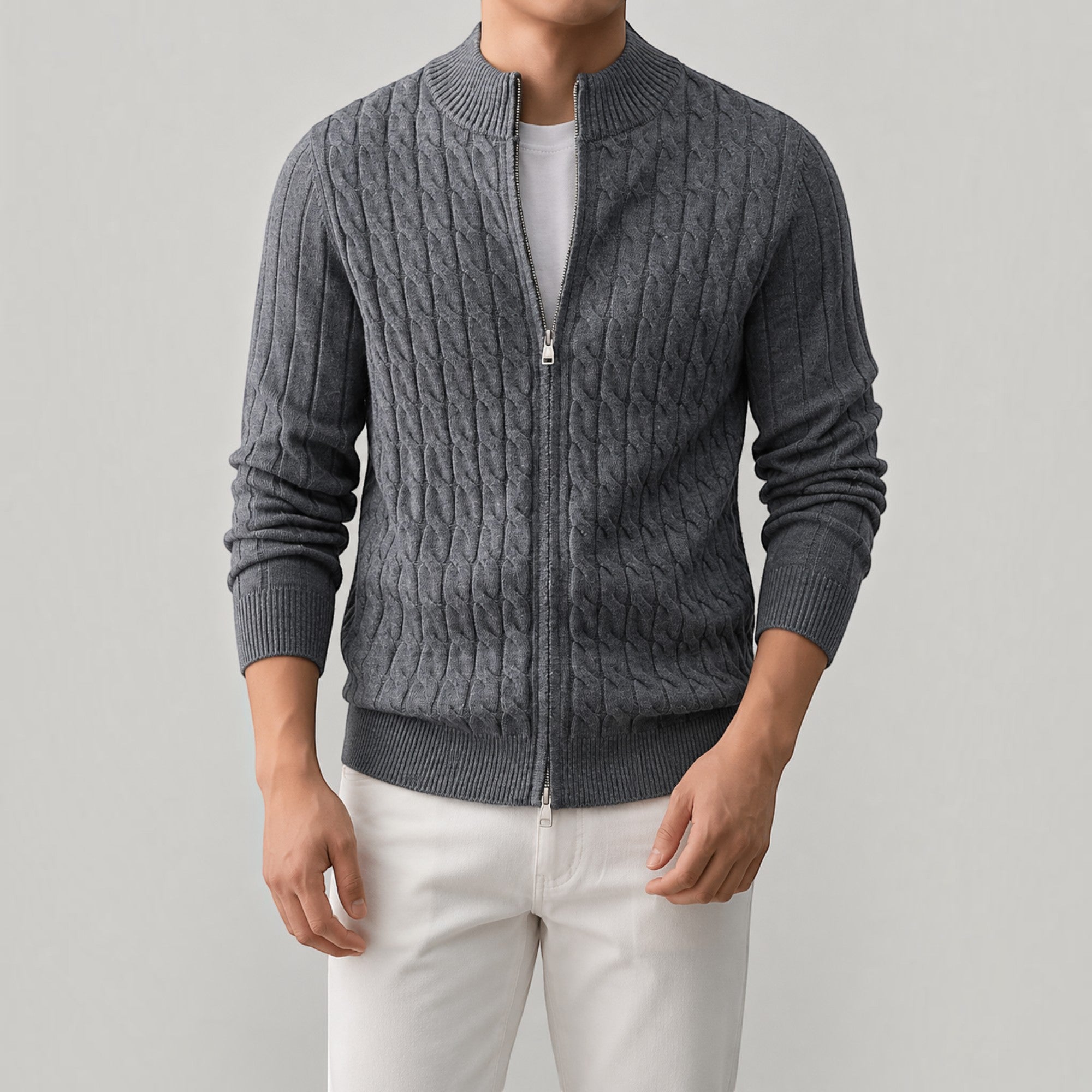 Ellmont London | Men's Stand Collar Zip Up Knit Sweater Regular Fit Cardigan