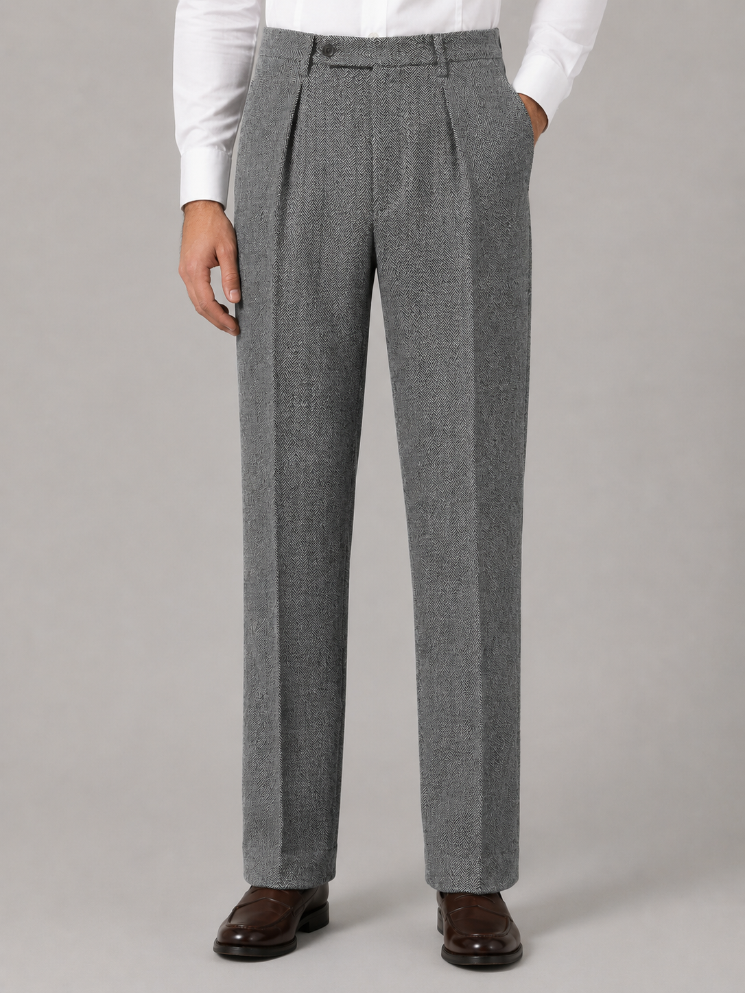 Men's Herringbone Pleated Trousers – Straight Leg Tailored Fit