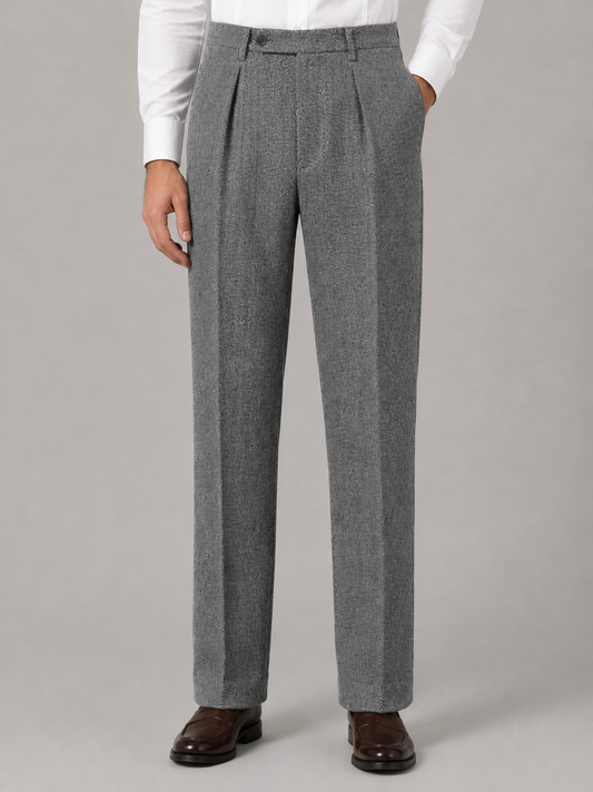 Men's Herringbone Pleated Trousers – Straight Leg Tailored Fit
